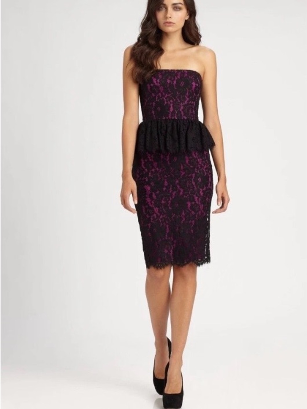 Robert Rodriguez Black Lace Fuchsia Strapless Peplum Cocktail Dress Size 2